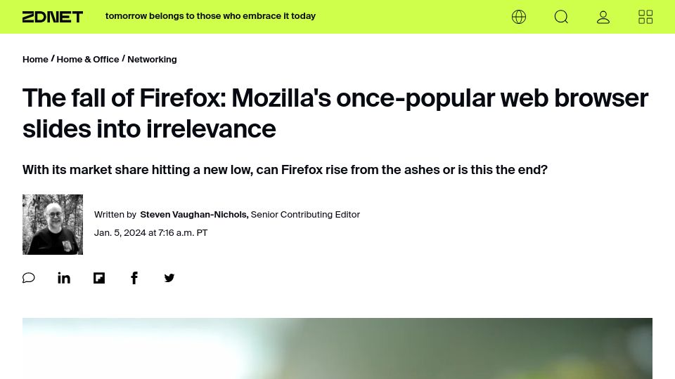 Screenshot of zdnet.com: The fall of Firefox: Mozilla's once-popular web browser slides into irrelevance