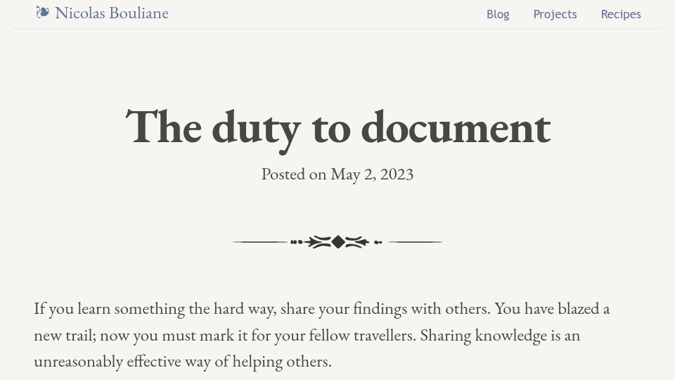 Screenshot of nicolasbouliane.com: Duty to Document (2023)