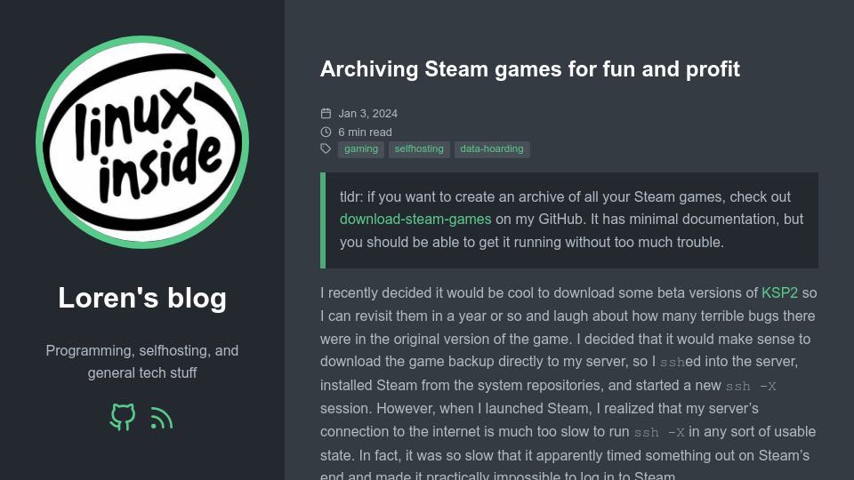 Screenshot of lorendb.dev: Archiving Steam games for fun and profit