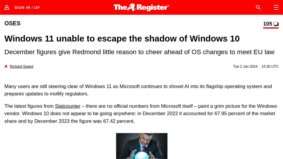 Screenshot of theregister.com: Windows 11 struggling to escape the shadow of Windows 10