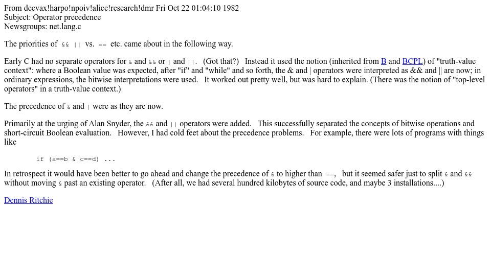 Screenshot of lysator.liu.se: Dennis Ritchie on the priorities of && || vs. == etc. (1982)