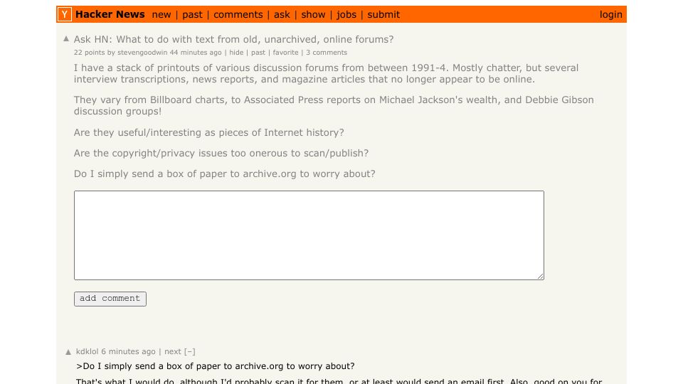 Screenshot of Hacker News post: Ask HN: What to do with text from old, unarchived, online forums?