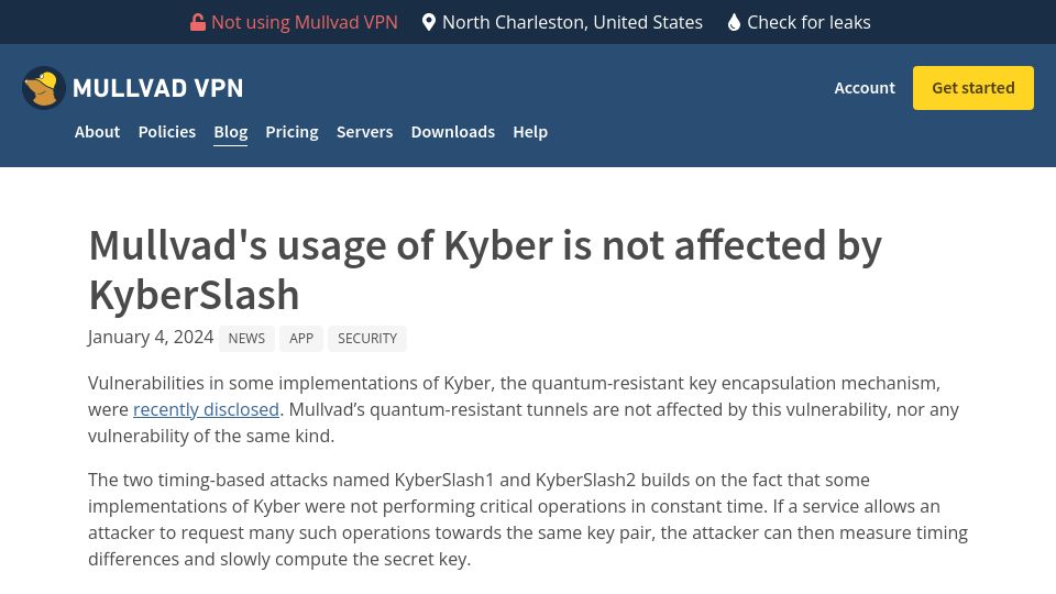Screenshot of mullvad.net: Mullvad's usage of Kyber is not affected by KyberSlash