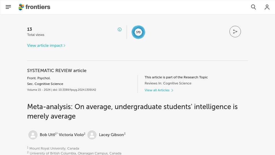 Screenshot of frontiersin.org: Meta-analysis: On average undergraduate students intelligence is merely average