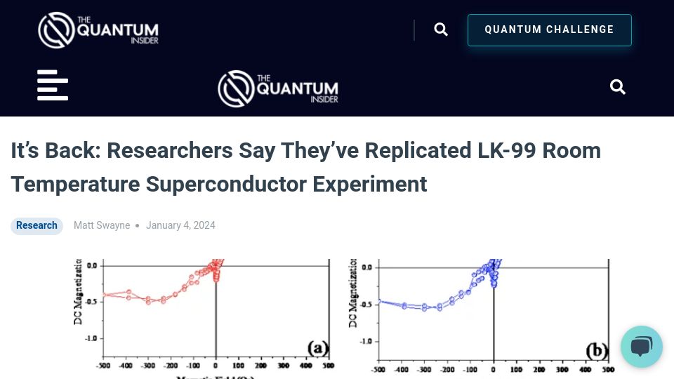 Screenshot of thequantuminsider.com: Replication of LK-99 Room Temperature Superconductor