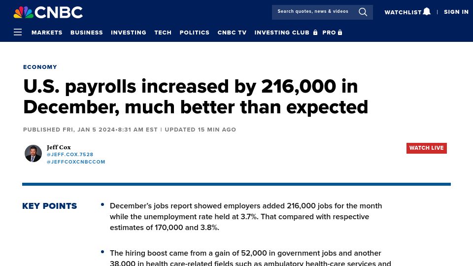 Screenshot of cnbc.com: The U.S. added 216,000 jobs in December, much better than expected