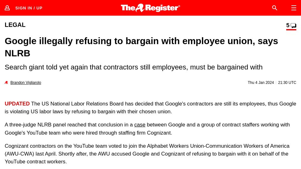 Screenshot of theregister.com: Google illegally refusing to bargain with employee union, says NLRB
