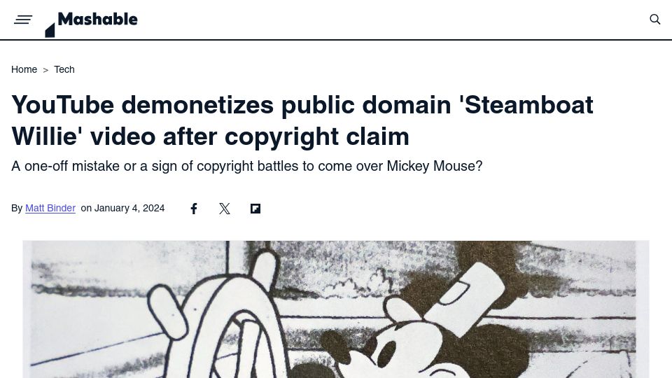 Screenshot of mashable.com: YouTube demonetizes public domain 'Steamboat Willie' video after copyright claim