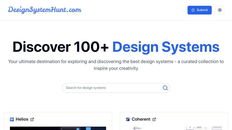 Screenshot of designsystemhunt.com: Show HN: Possibly the most comprehensive design system collection