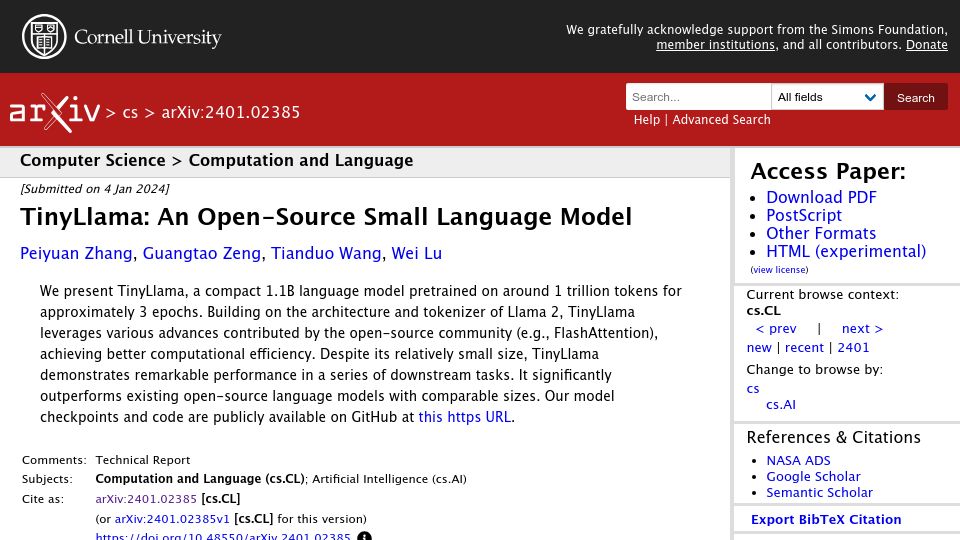 Screenshot of arxiv.org: TinyLlama: An Open-Source Small Language Model