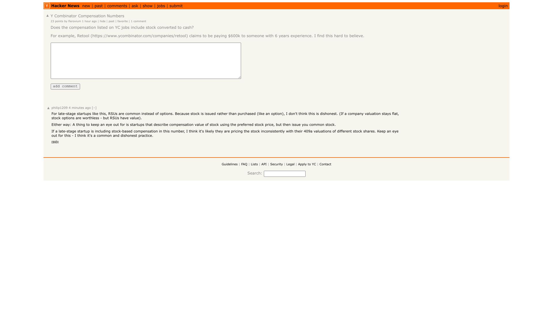 Screenshot of this Hacker News post: Y Combinator Compensation Numbers