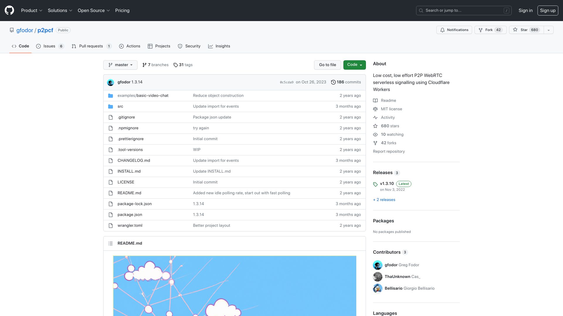 Screenshot of github.com: P2pcf: P2P WebRTC via Cloudflare Workers