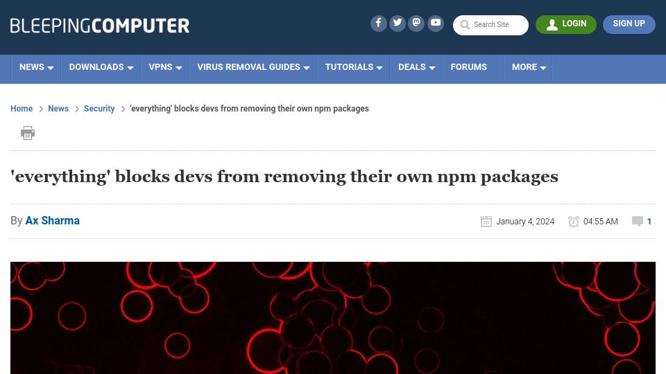 Screenshot of bleepingcomputer.com: 'everything' blocks devs from removing their own NPM packages