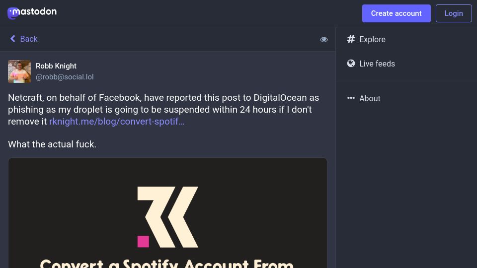 Screenshot of social.lol: Facebook incorrectly reports personal blog to DigitalOcean for phishing