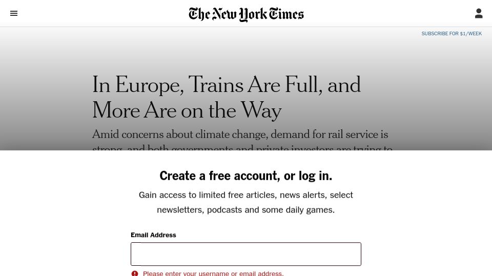 Screenshot of nytimes.com: In Europe, Trains Are Full, and More Are on the Way