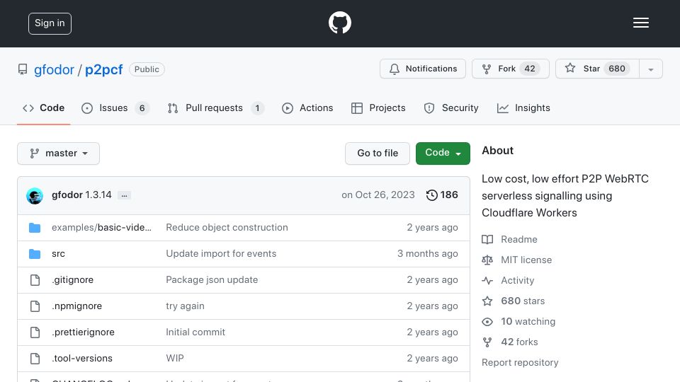Screenshot of github.com: P2pcf: P2P WebRTC via Cloudflare Workers