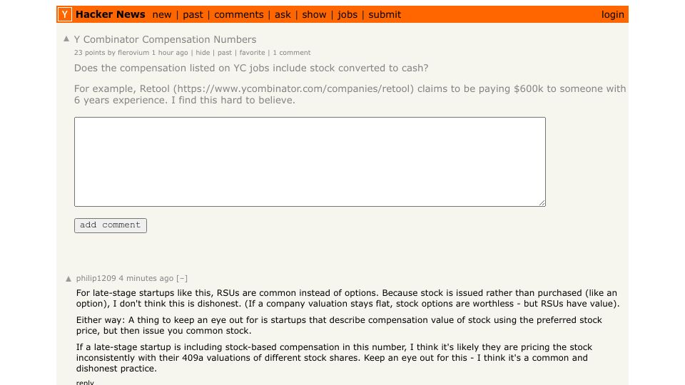 Screenshot of Hacker News post: Y Combinator Compensation Numbers