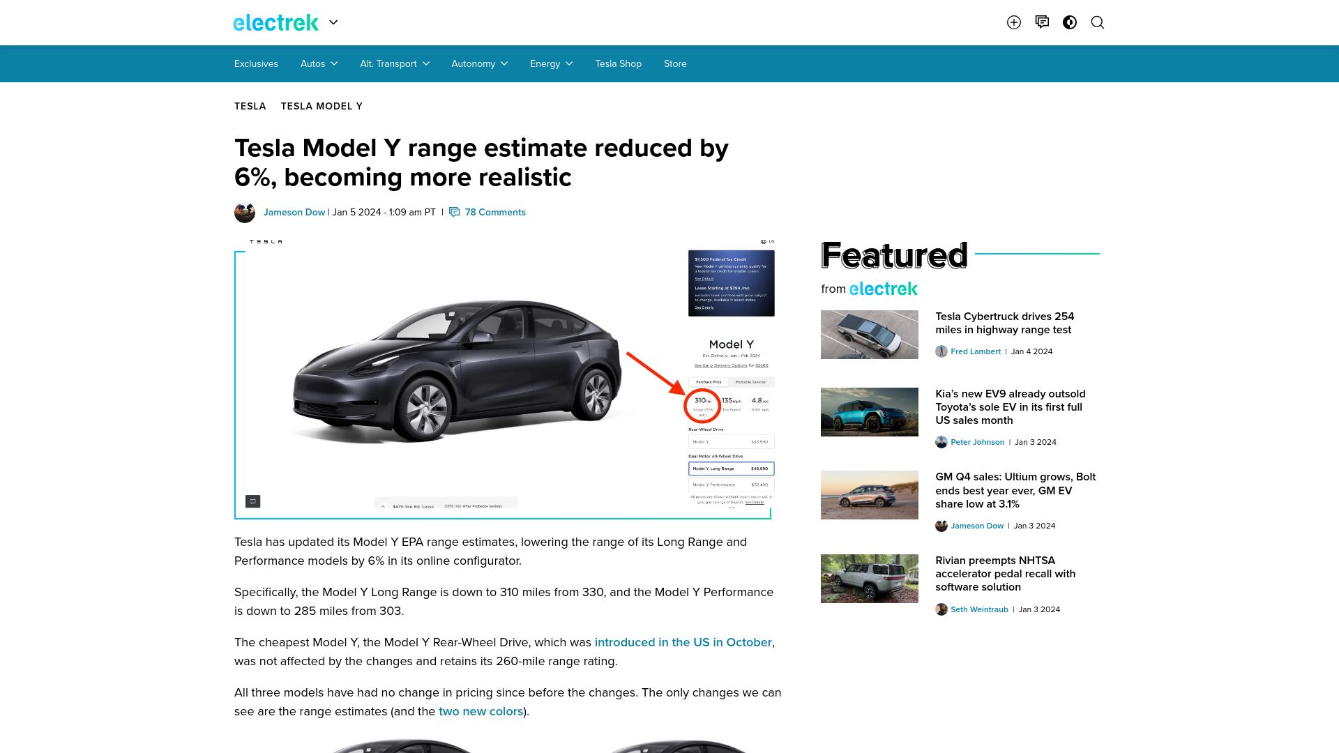 Screenshot of electrek.co: Tesla Model Y range estimate reduced by 6%, becoming more realistic