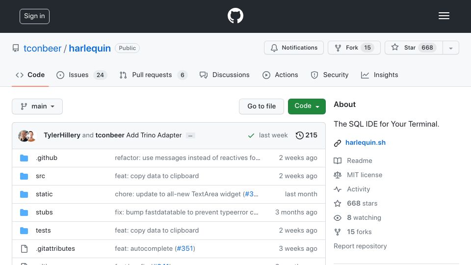 Screenshot of github.com: Harlequin: SQL IDE for Your Terminal
