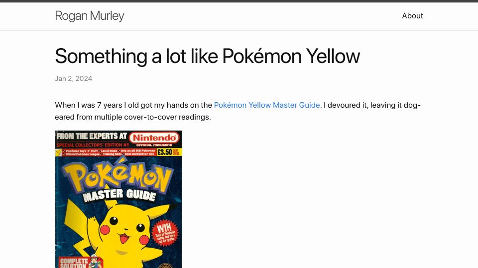 Screenshot of roganmurley.com: Something a lot like Pokemon Yellow