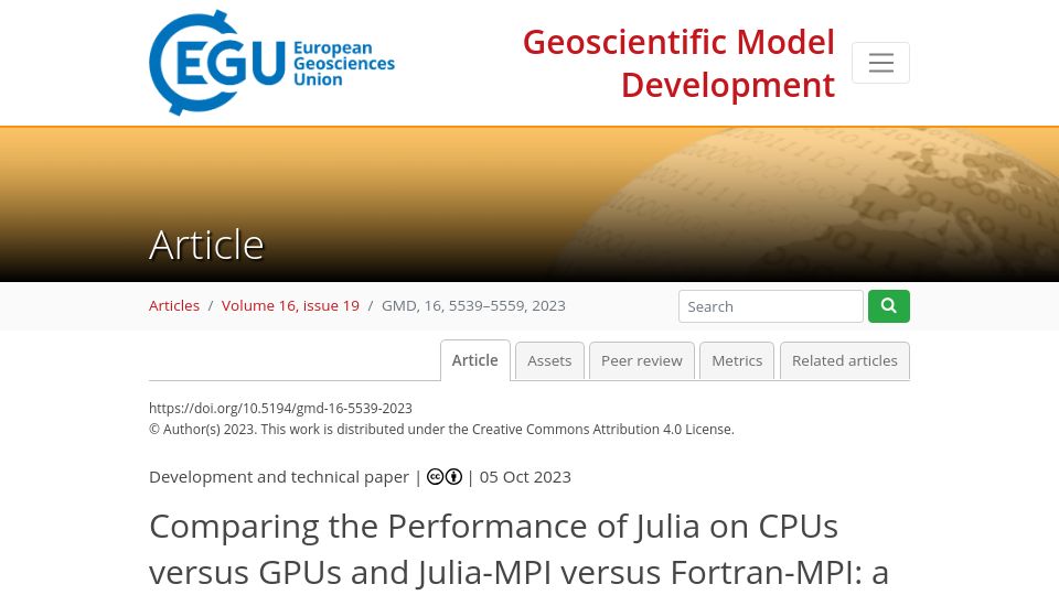 Screenshot of gmd.copernicus.org: Comparing Performance of Julia on CPUs vs. GPUs and Julia-MPI vs. Fortran-MPI