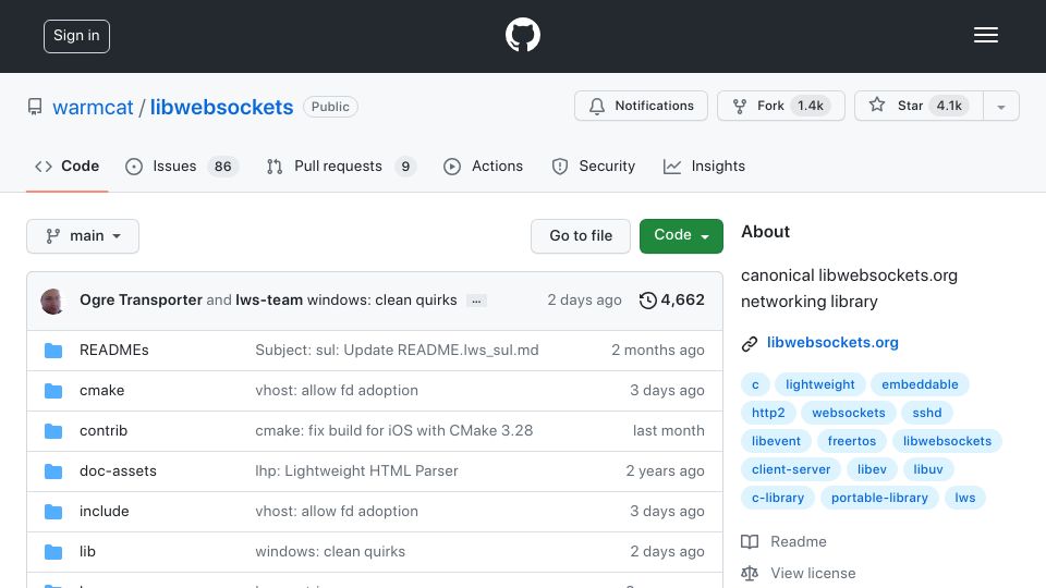 Screenshot of github.com: Libwebsockets: pure C library for http, websockets, MQTT