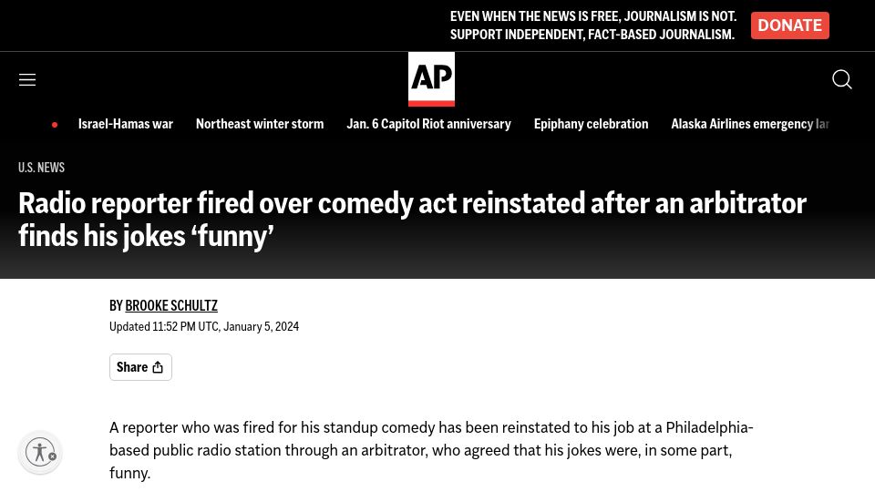 Screenshot of apnews.com: Radio reporter fired over jokes is reinstated after arbitrator finds them funny