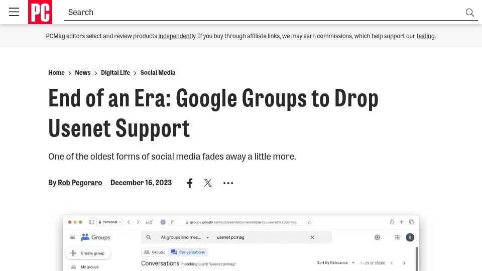 Screenshot of pcmag.com: End of an Era: Google Groups to Drop Usenet Support