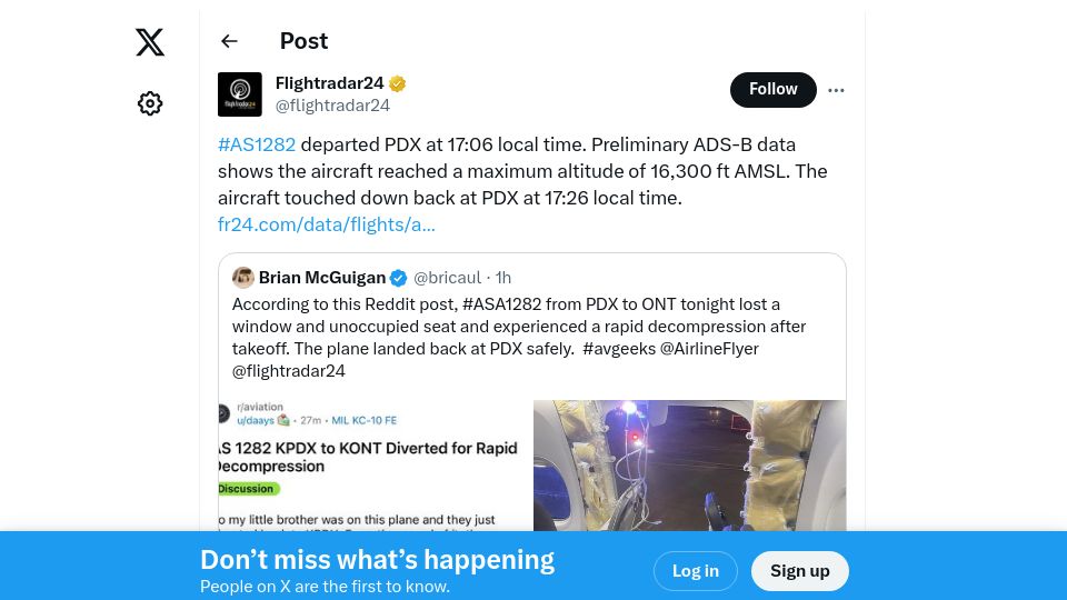 Screenshot of reddit.com: Alaska Airlines 737 Max makes emergency landing due to depressurization