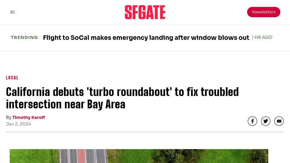 Screenshot of sfgate.com: California debuts 'turbo roundabout' to fix intersection near Bay Area
