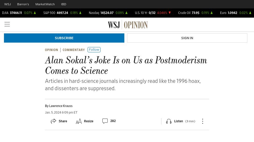 Screenshot of wsj.com: Alan Sokal's Joke Is on Us as Postmoderism Comes to Science