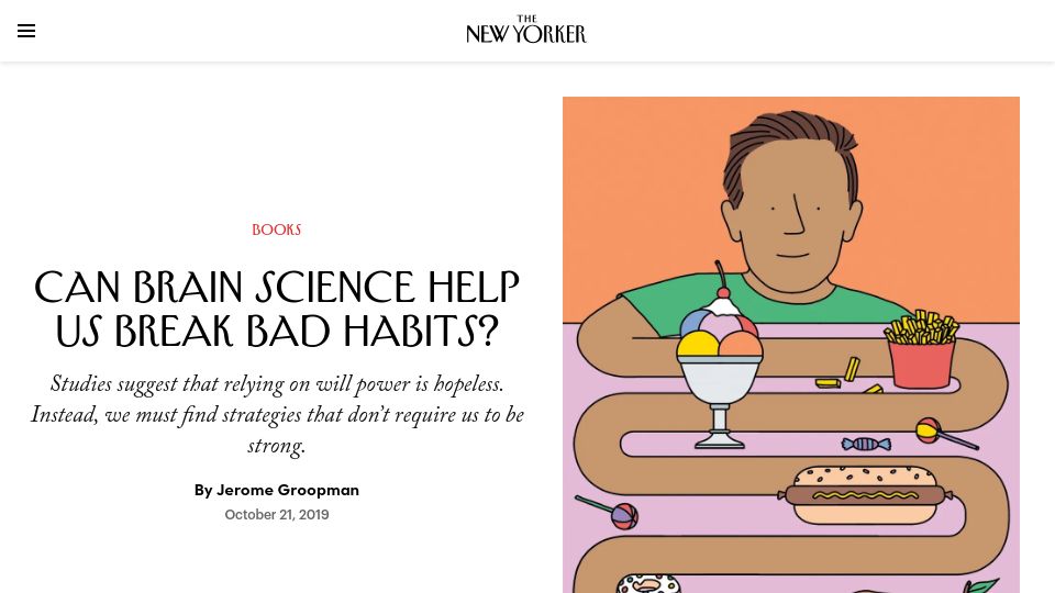 Screenshot of newyorker.com: Studies suggest that relying on will power to break habits is hopeless (2019)