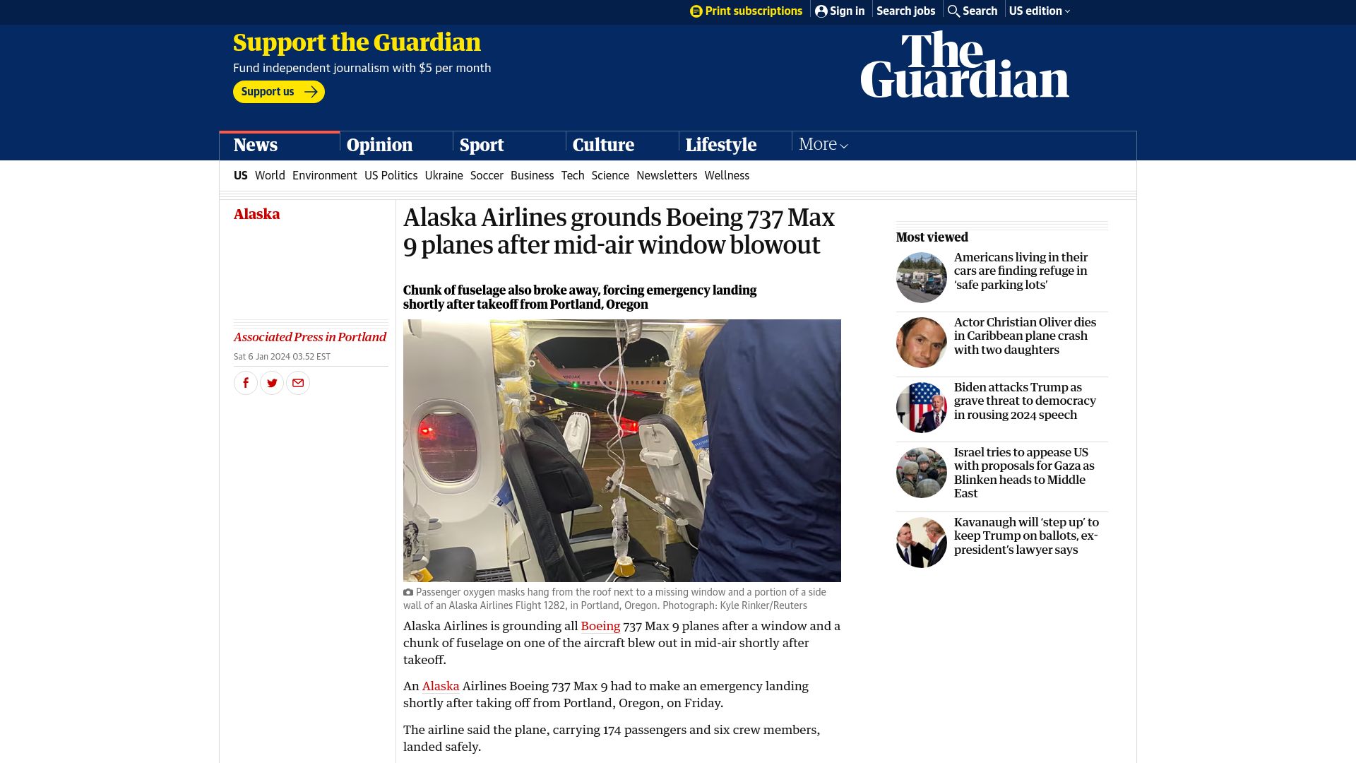 Screenshot of theguardian.com: Alaska Airlines grounds Boeing 737 Max 9 planes after mid-air window blowout