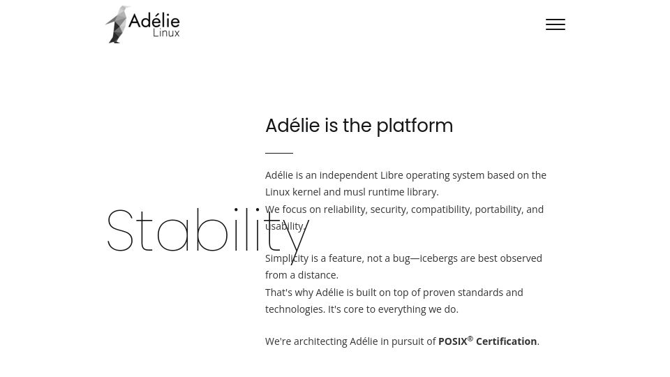 Screenshot of adelielinux.org: Adélie Linux