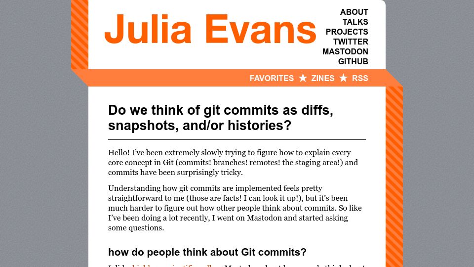 Screenshot of jvns.ca: Do we think of Git commits as diffs, snapshots, and/or histories?
