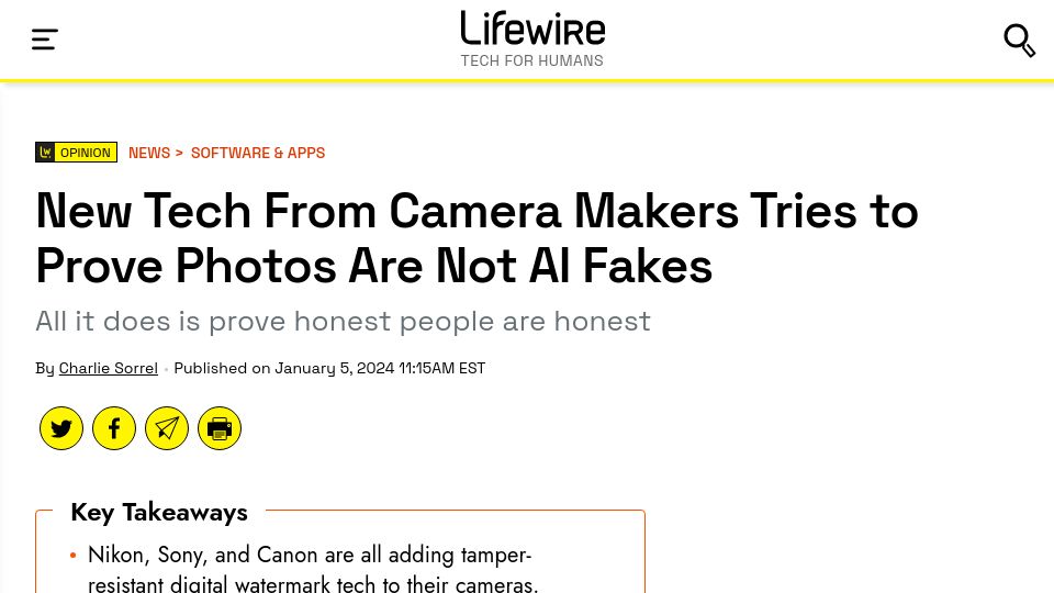 Screenshot of lifewire.com: New Tech from Camera Makers Tries to Prove Photos Are Not AI Fakes