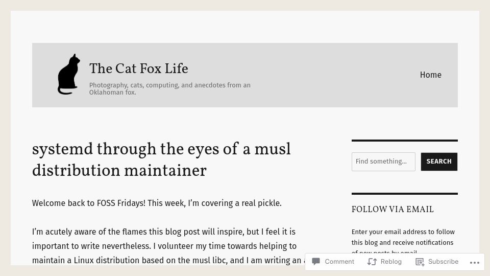 Screenshot of catfox.life: Systemd through the eyes of a musl distribution maintainer