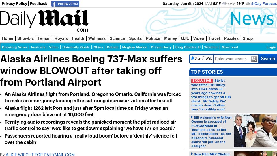 Screenshot of dailymail.co.uk: Alaska Airlines Boeing 737-Max suffers window blowout after taking off