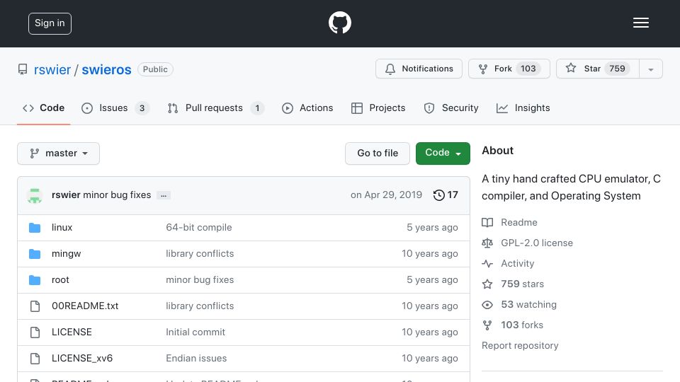 Screenshot of github.com: A tiny hand crafted CPU emulator, C compiler, and Operating System