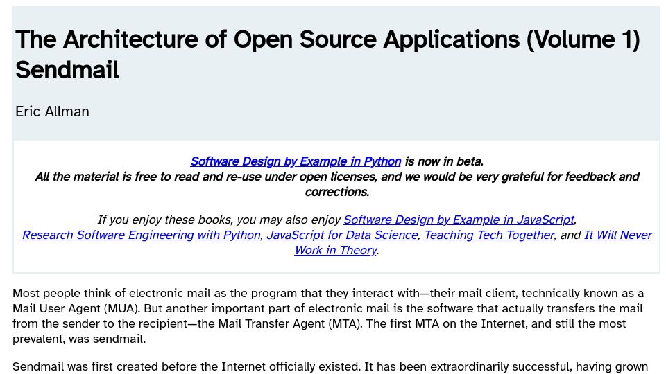 Screenshot of aosabook.org: The Architecture of Open Source Applications: Sendmail (2011)