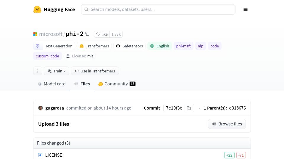 Screenshot of huggingface.co: Microsoft Phi-2 model changes licence to MIT