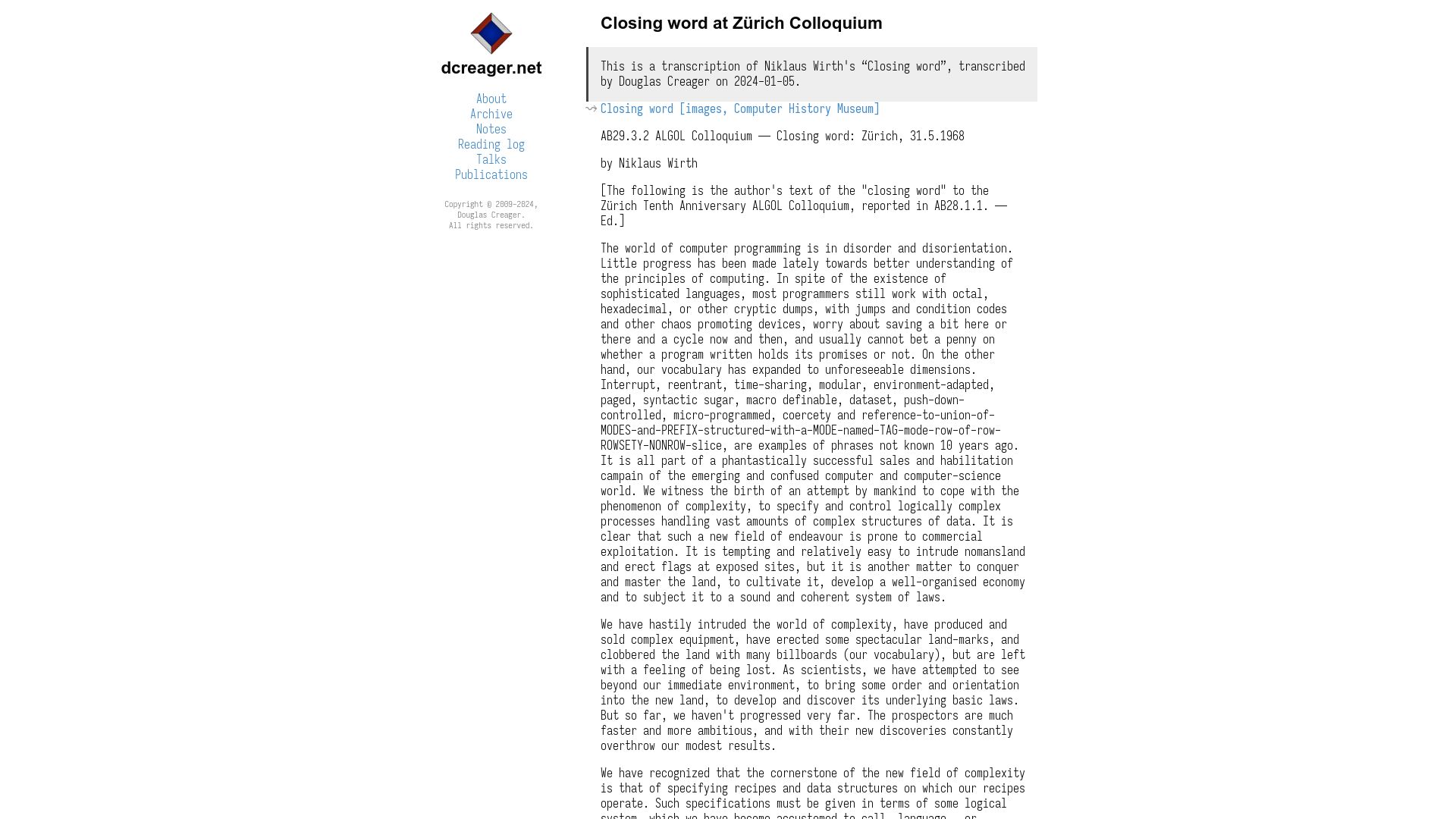 Screenshot of dcreager.net: Closing word at Zürich Colloquium (1968)