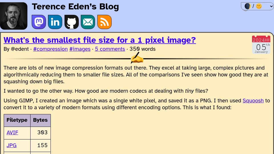 Screenshot of shkspr.mobi: What's the smallest file size for a 1 pixel image?