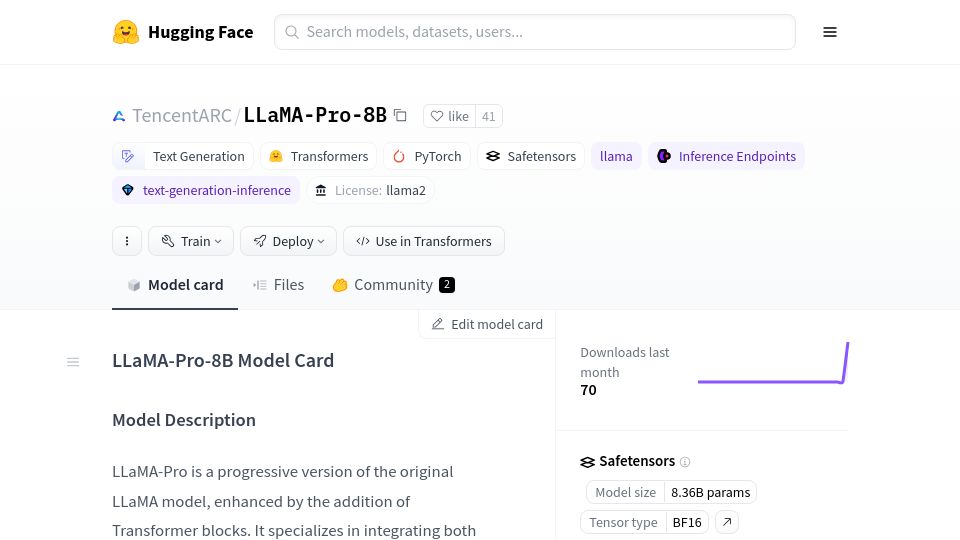 Screenshot of huggingface.co: LLaMA-Pro-8B