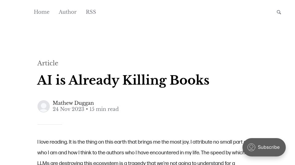 Screenshot of matduggan.com: AI Is Already Killing Books