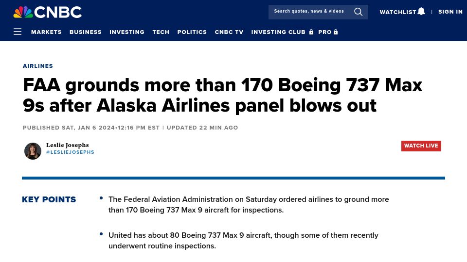 Screenshot of cnbc.com: FAA orders grounding of more than 170 Boeing 737 Max 9s