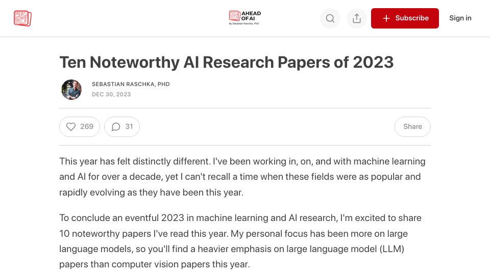 Screenshot of magazine.sebastianraschka.com: Ten Noteworthy AI Research Papers of 2023