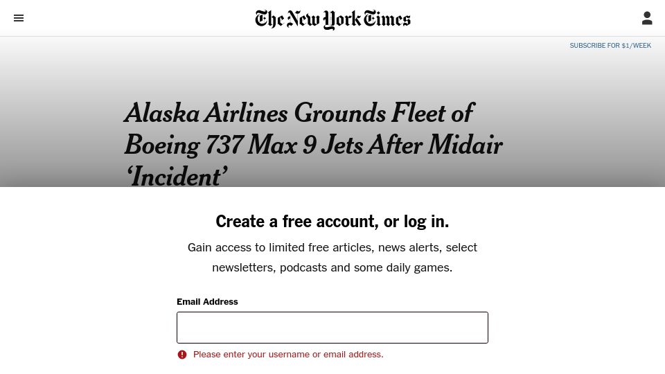 Screenshot of nytimes.com: Alaska Airlines Grounds Fleet of Boeing 737 Max 9 Jets After Midair ‘Incident’