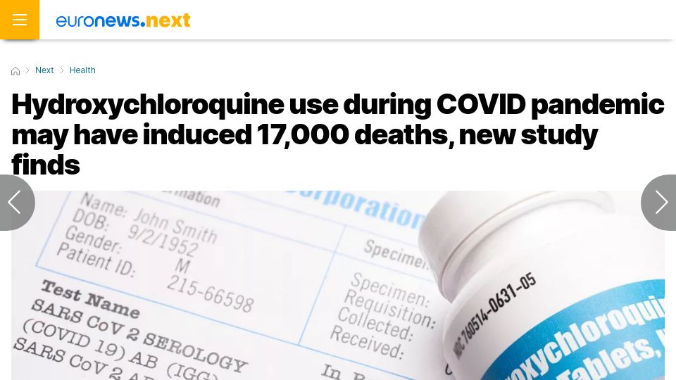 Screenshot of euronews.com: Hydroxychloroquine use during Covid pandemic may have induced 17,000 deaths