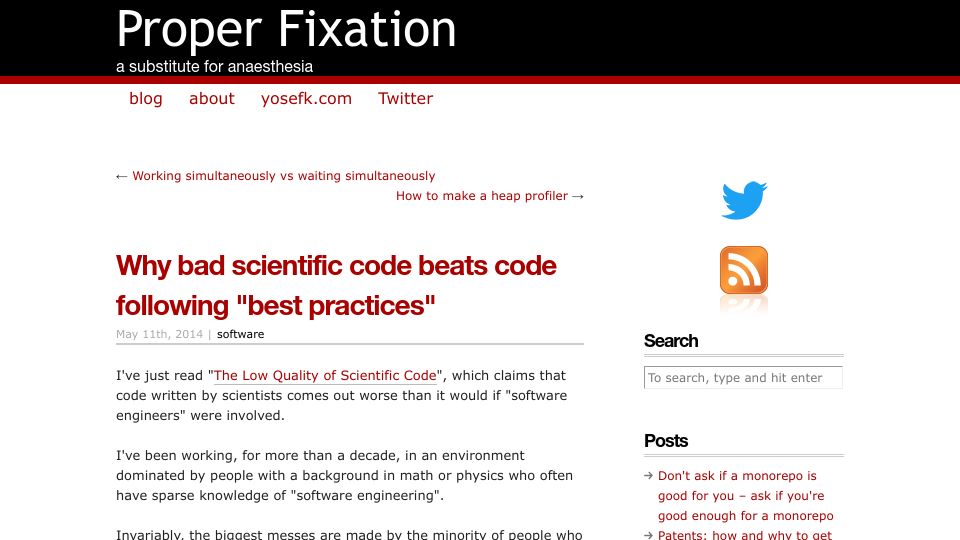 Screenshot of yosefk.com: Bad scientific code beats code following "best practices" (2014)